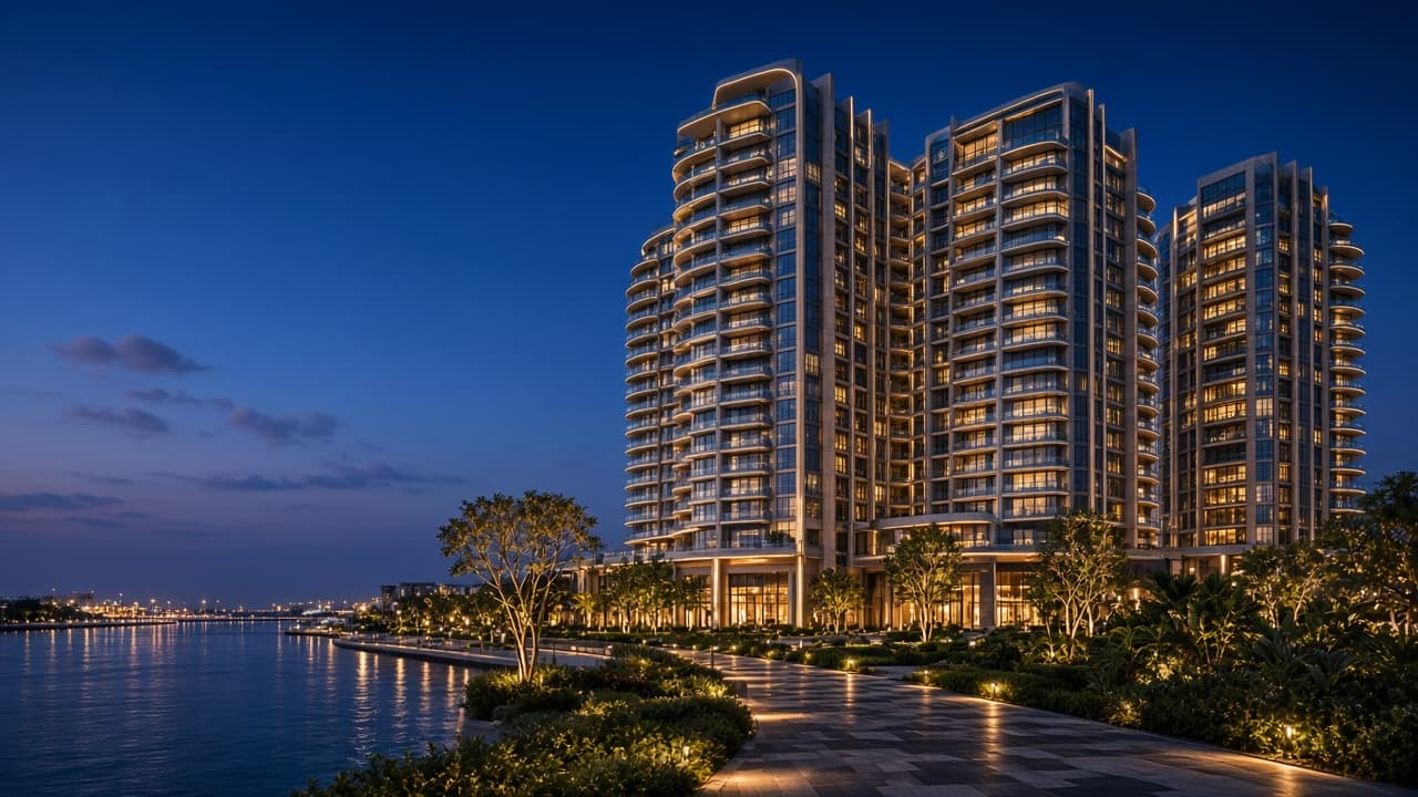 Contemporary residential towers on Yas Island at dusk